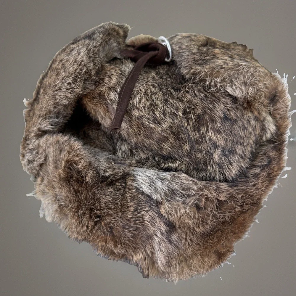 Vintage Natural Brown Rabbit Fur Trapper Hat w/ Ear Flaps Size L